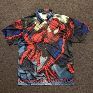 2002 Spiderman Movie Promo Button Up Shirt Sz Large All Over Print Y2K Vintage